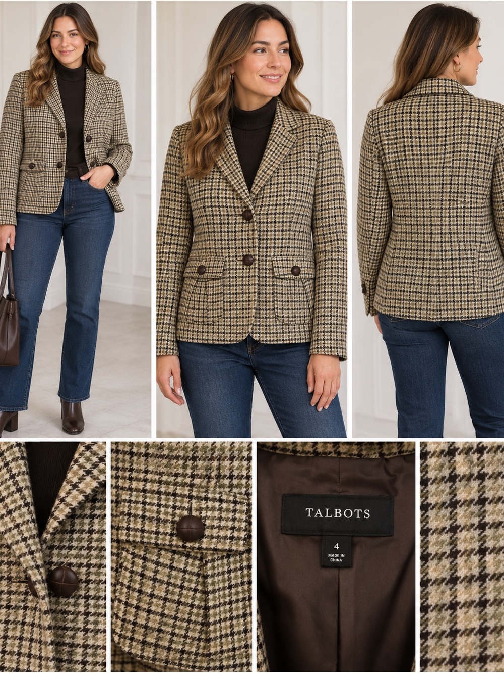 Size 4 Talbots Women's Houndstooth Blazer Jacket Tan/Black